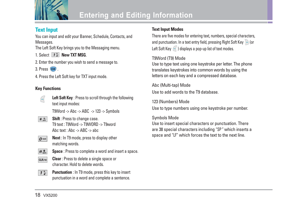 Entering and editing information, Text input | LG VX5200 User Manual | Page 19 / 169
