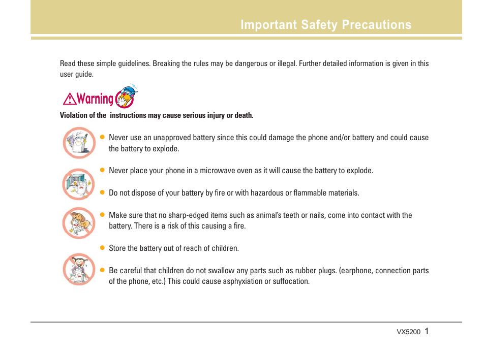 Warning, Important safety precautions | LG VX5200 User Manual | Page 2 / 169