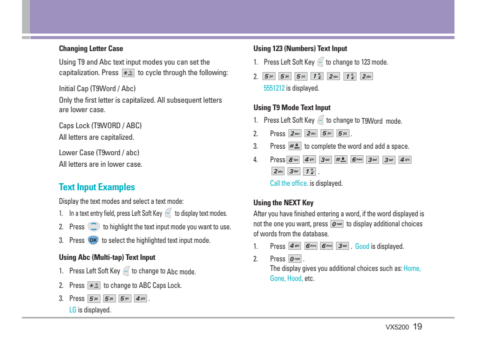 Text input examples | LG VX5200 User Manual | Page 20 / 169