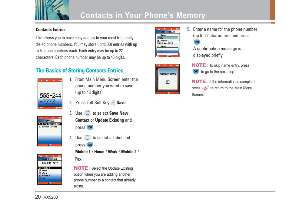 The basics of storing contacts entries | LG VX5200 User Manual | Page 21 / 169