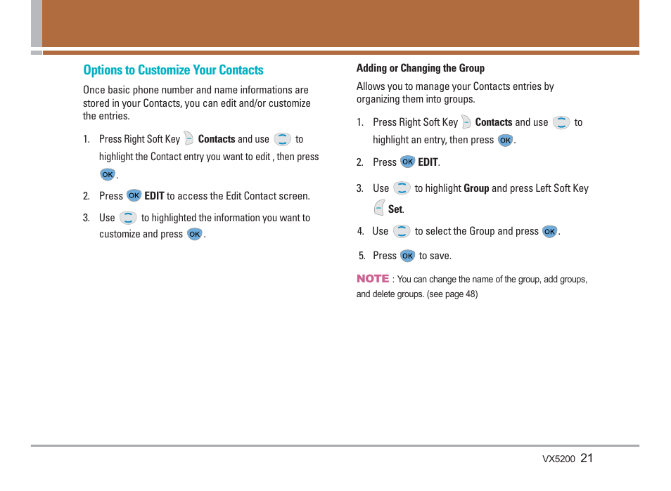 Options to customize your contacts | LG VX5200 User Manual | Page 22 / 169