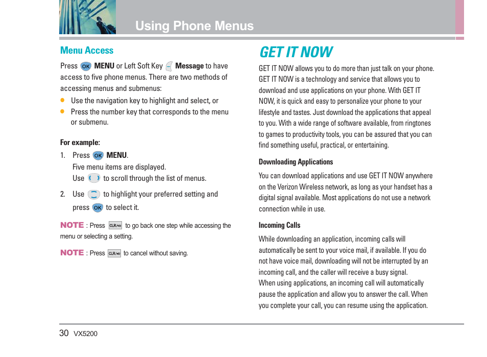 Get it now, Using phone menus, Menu access | LG VX5200 User Manual | Page 31 / 169