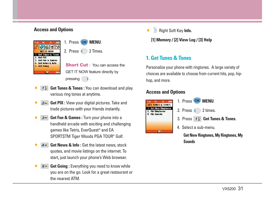 Get tunes & tones | LG VX5200 User Manual | Page 32 / 169