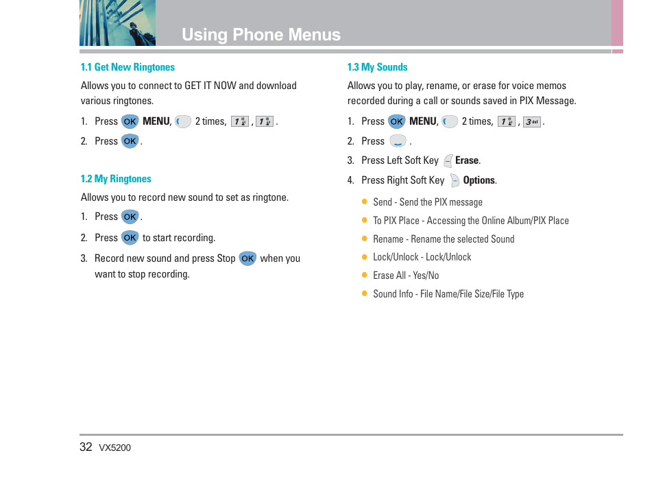 Using phone menus | LG VX5200 User Manual | Page 33 / 169