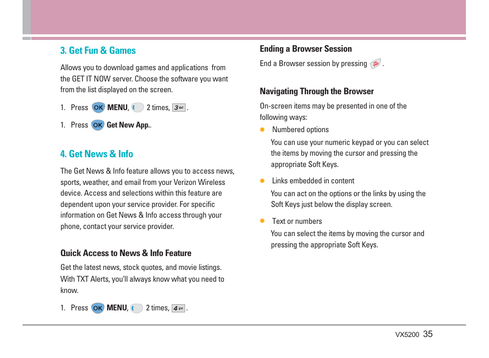 Get fun & games, Get news & info | LG VX5200 User Manual | Page 36 / 169