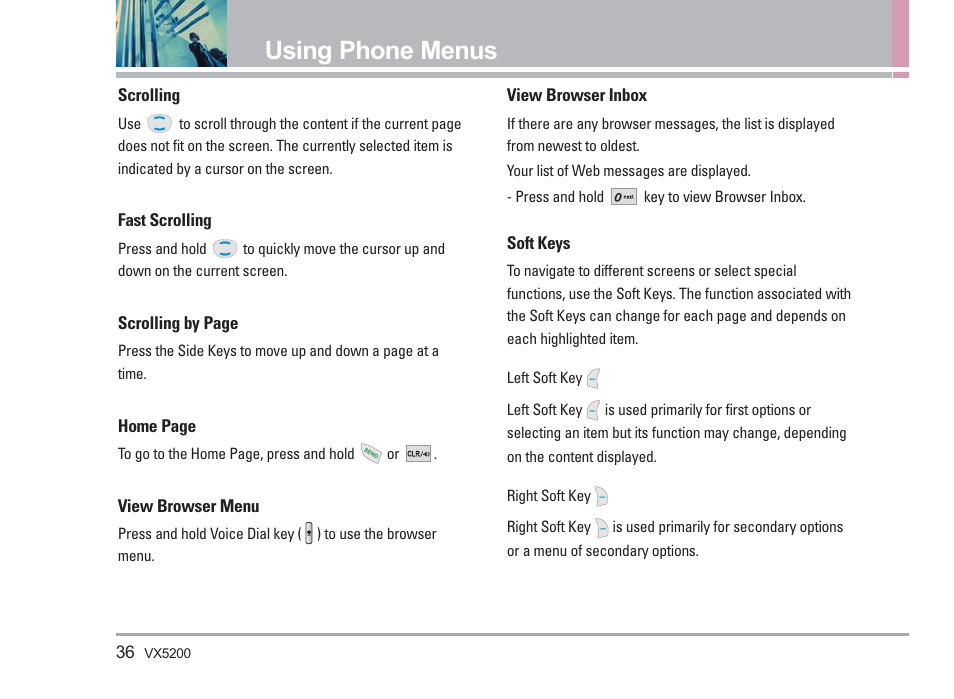 Using phone menus | LG VX5200 User Manual | Page 37 / 169