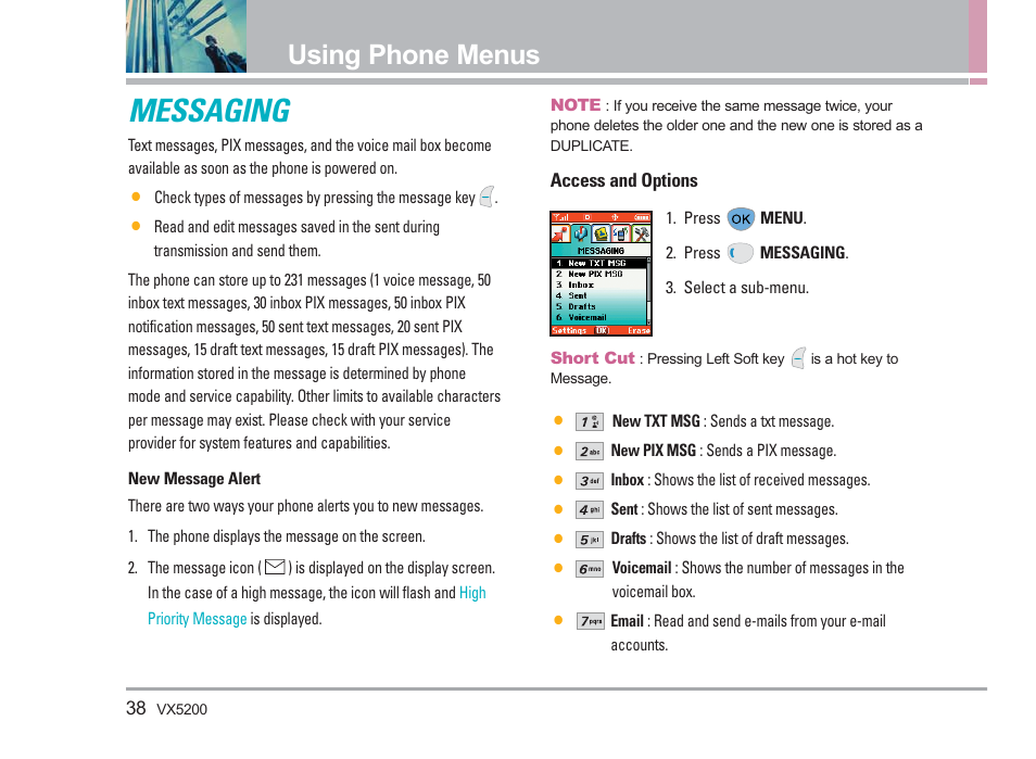 Messaging, Using phone menus | LG VX5200 User Manual | Page 39 / 169