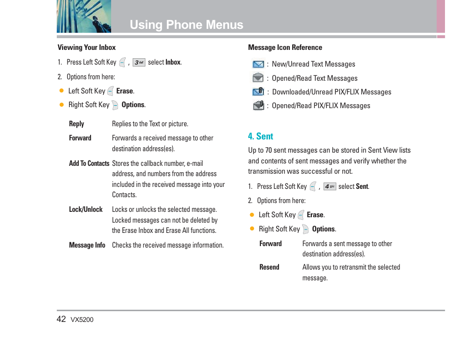 Using phone menus, Sent | LG VX5200 User Manual | Page 43 / 169