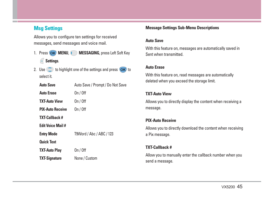 Msg settings | LG VX5200 User Manual | Page 46 / 169