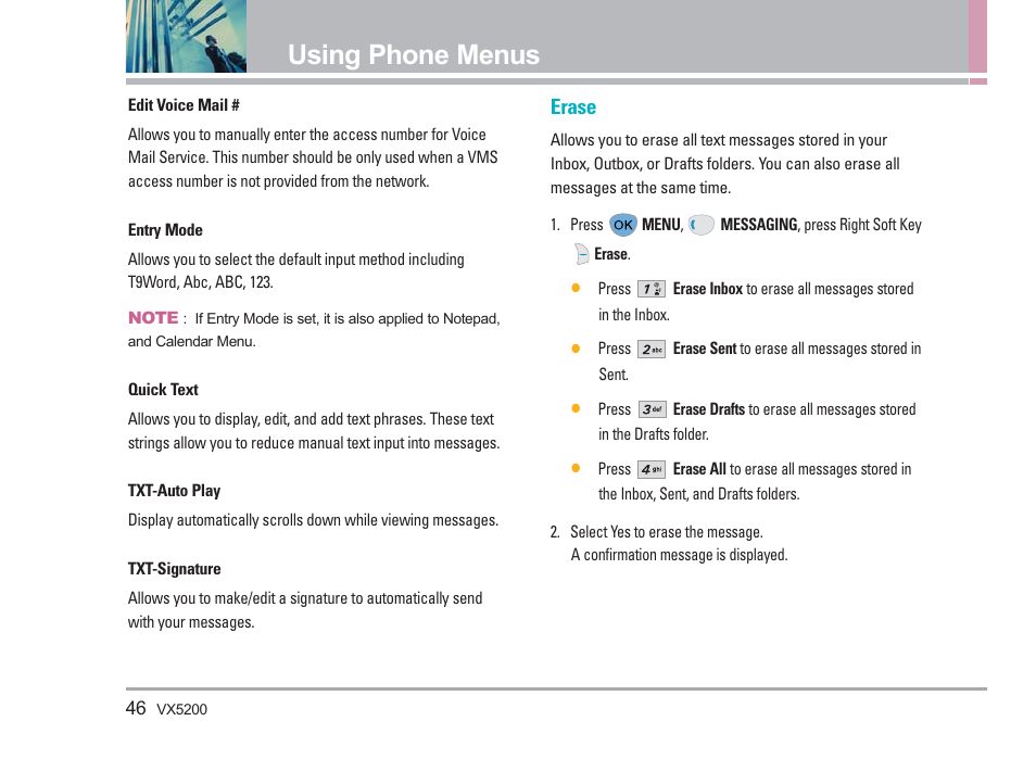 Using phone menus, Erase | LG VX5200 User Manual | Page 47 / 169