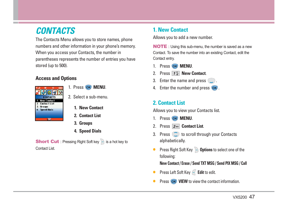 Contacts, New contact, Contact list | LG VX5200 User Manual | Page 48 / 169