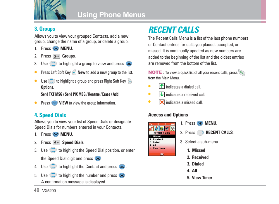 Recent calls, Using phone menus, Groups | Speed dials | LG VX5200 User Manual | Page 49 / 169