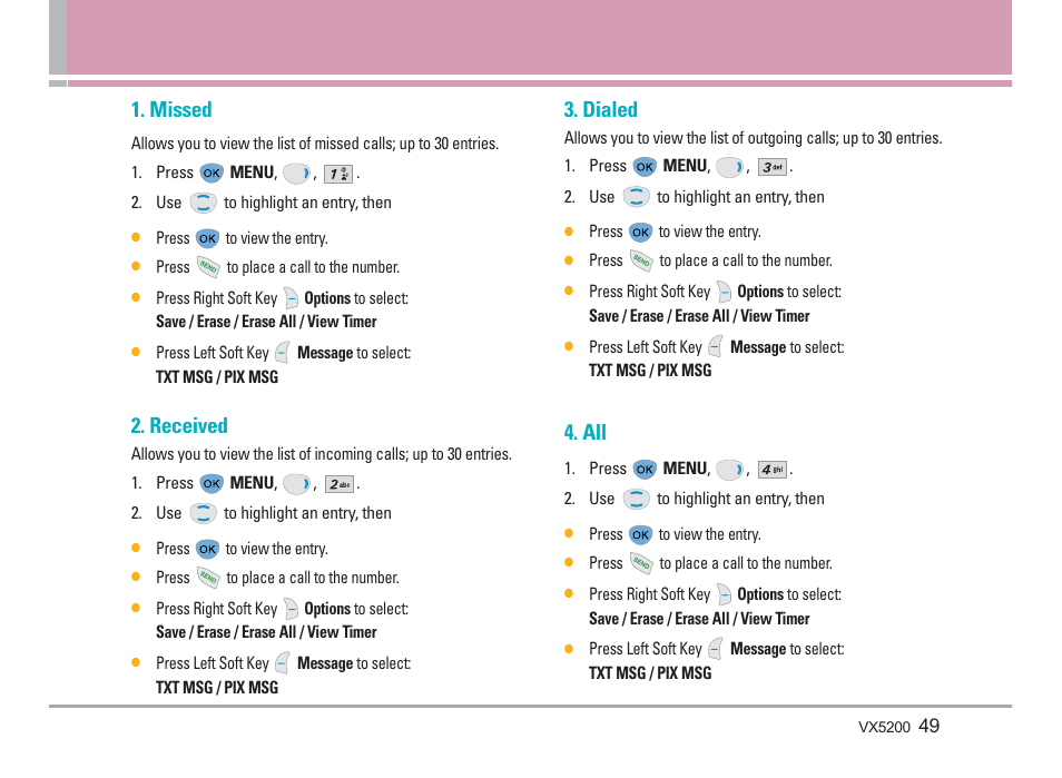 Missed, Received, Dialed | LG VX5200 User Manual | Page 50 / 169