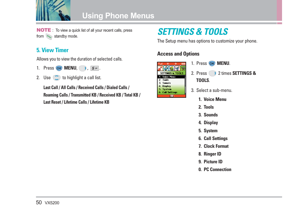 Settings & tools, Using phone menus | LG VX5200 User Manual | Page 51 / 169