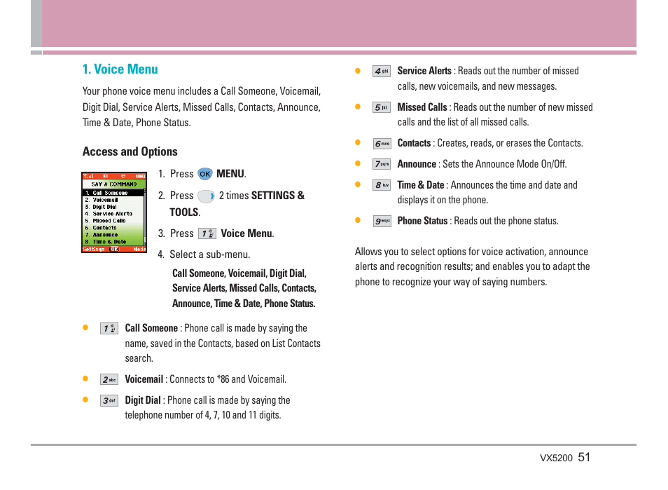 Voice menu | LG VX5200 User Manual | Page 52 / 169
