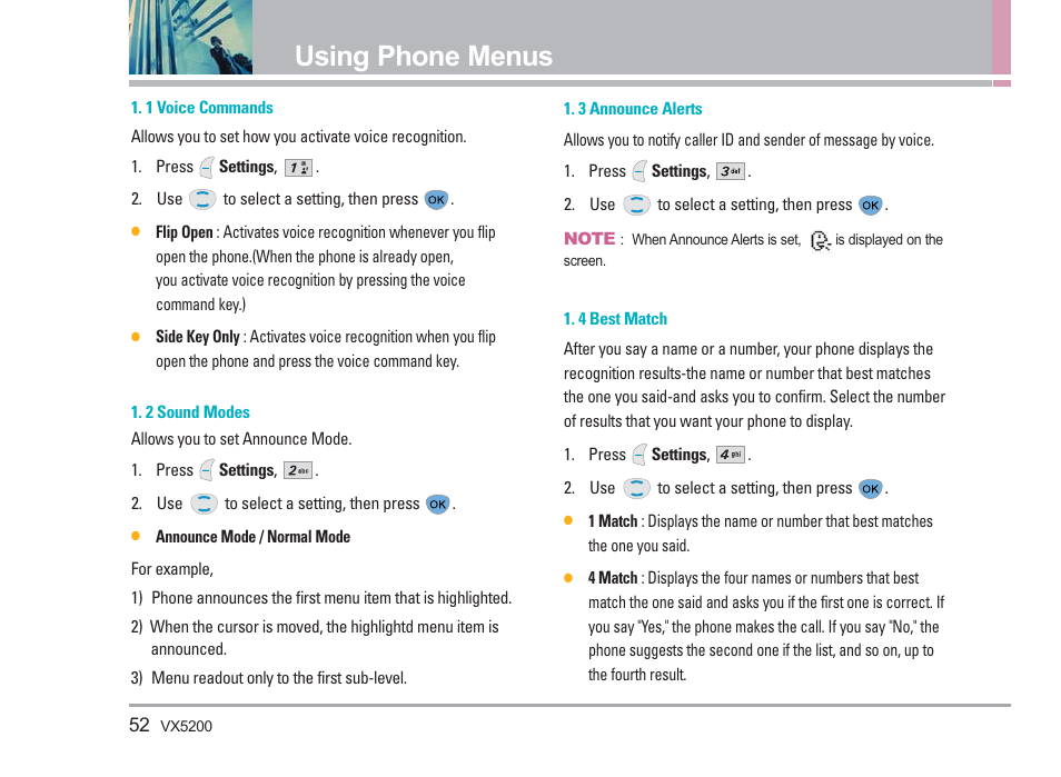 Using phone menus | LG VX5200 User Manual | Page 53 / 169