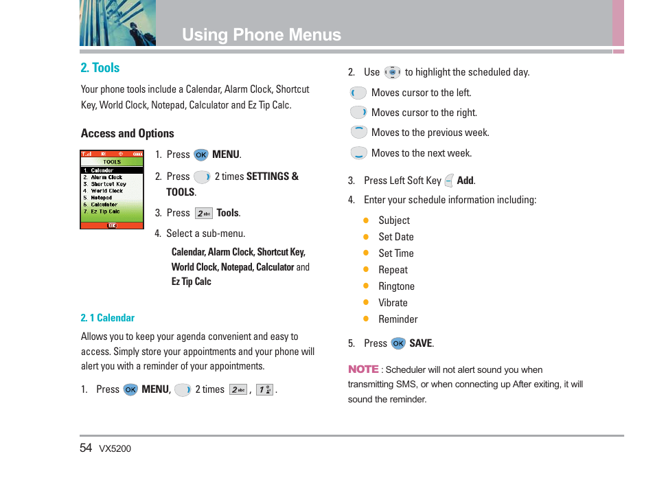 Using phone menus, Tools | LG VX5200 User Manual | Page 55 / 169