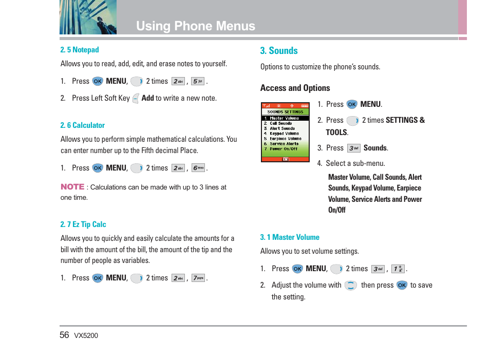 Using phone menus, Sounds | LG VX5200 User Manual | Page 57 / 169