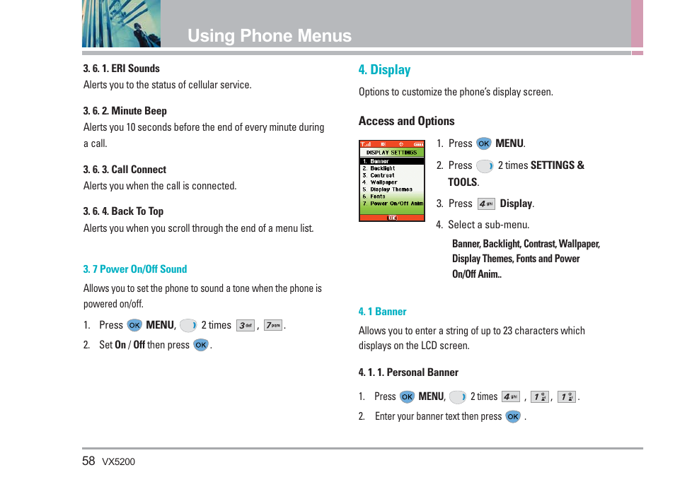 Using phone menus, Display | LG VX5200 User Manual | Page 59 / 169