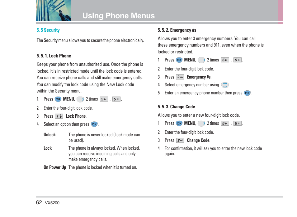 Using phone menus | LG VX5200 User Manual | Page 63 / 169