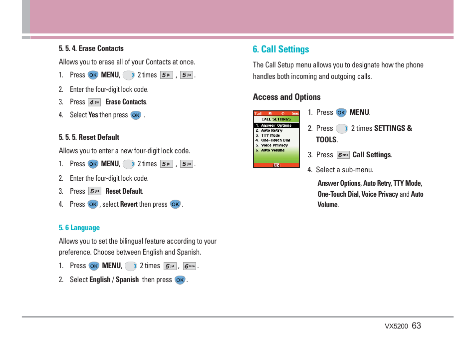 Call settings | LG VX5200 User Manual | Page 64 / 169