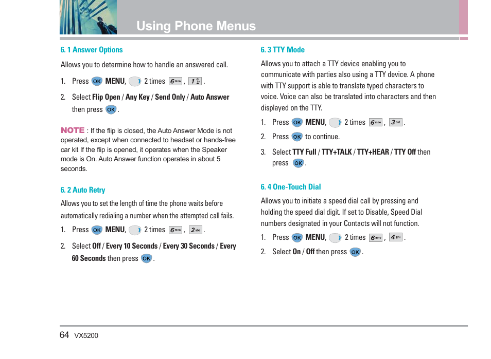 Using phone menus | LG VX5200 User Manual | Page 65 / 169