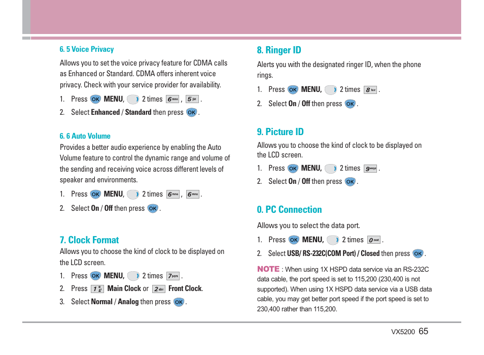 Clock format, Ringer id, Picture id | Pc connection | LG VX5200 User Manual | Page 66 / 169