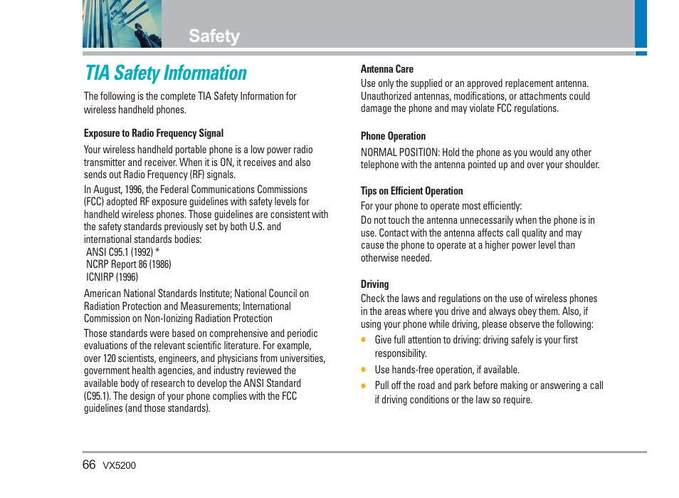 Tia safety information, Safety | LG VX5200 User Manual | Page 67 / 169