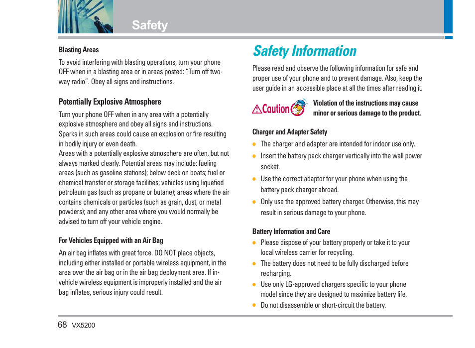 Safety information, Safety, Caution | LG VX5200 User Manual | Page 69 / 169