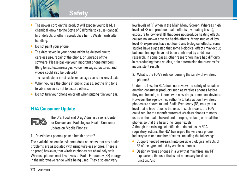 Safety, Fda consumer update | LG VX5200 User Manual | Page 71 / 169