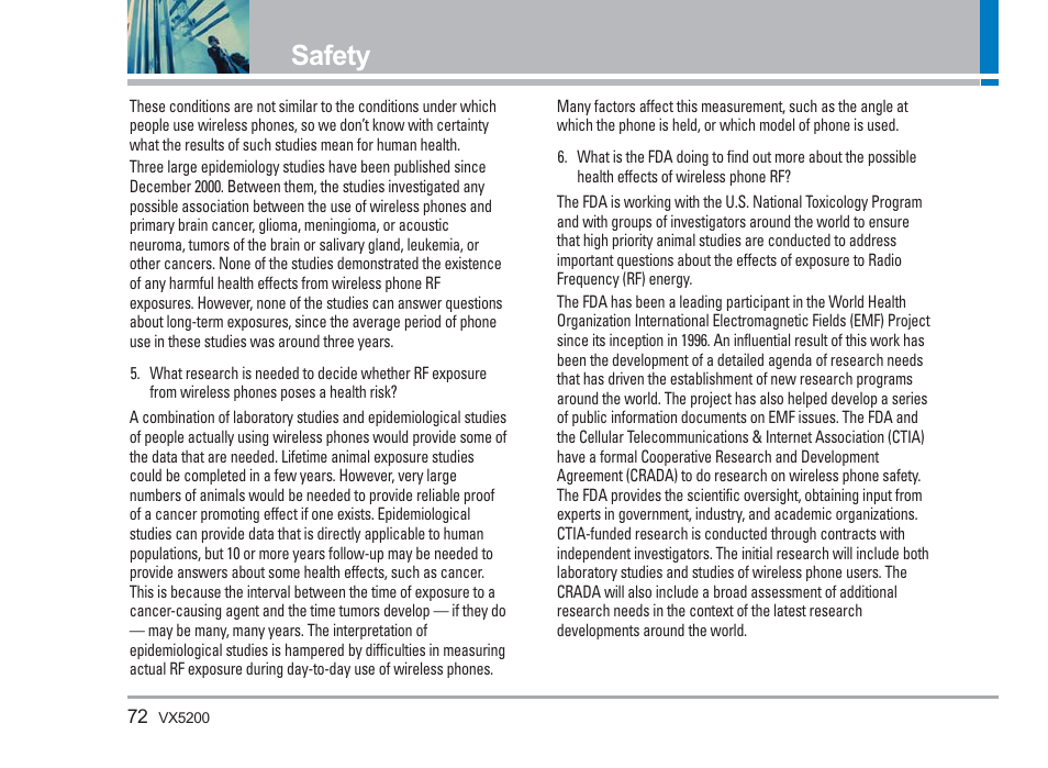 Safety | LG VX5200 User Manual | Page 73 / 169