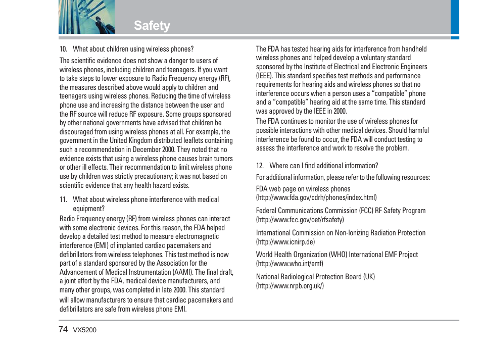 Safety | LG VX5200 User Manual | Page 75 / 169
