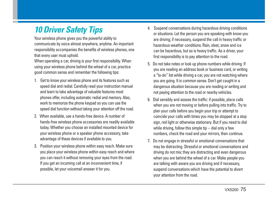 10 driver safety tips | LG VX5200 User Manual | Page 76 / 169