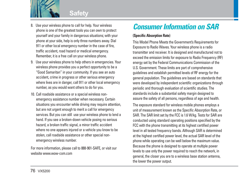 Consumer information on sar, Safety | LG VX5200 User Manual | Page 77 / 169