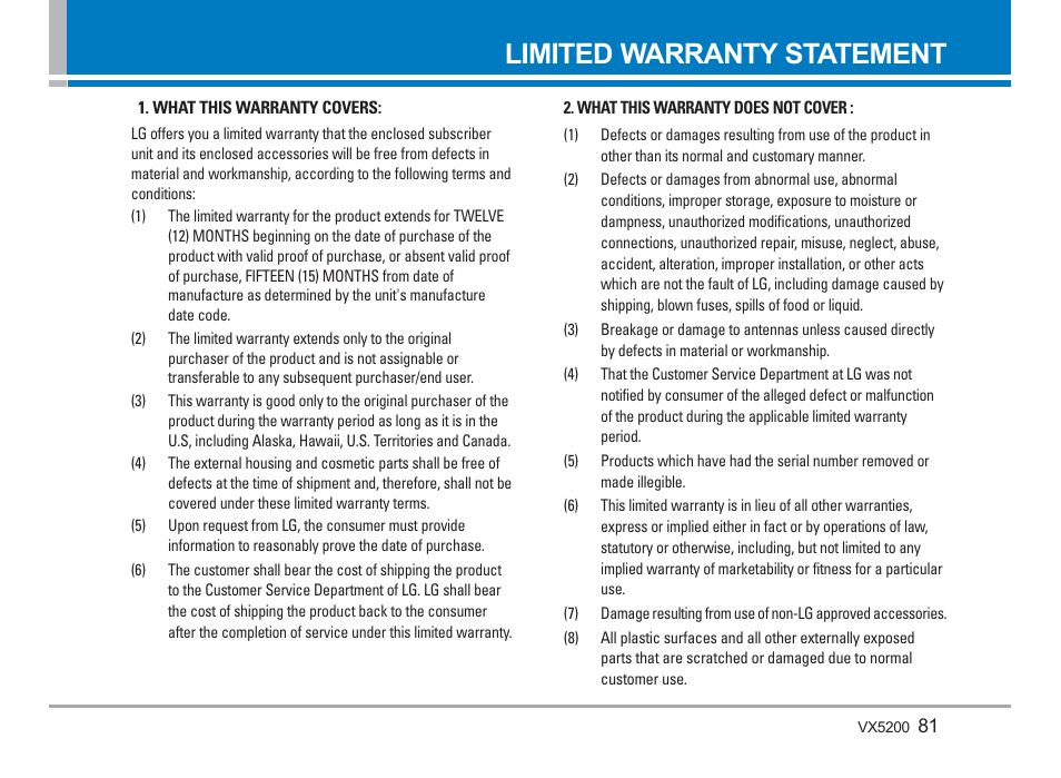 Limited warranty statement | LG VX5200 User Manual | Page 82 / 169