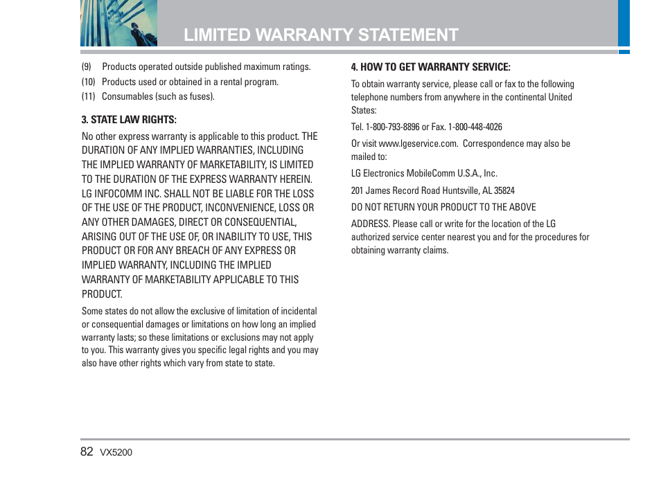 Limited warranty statement | LG VX5200 User Manual | Page 83 / 169