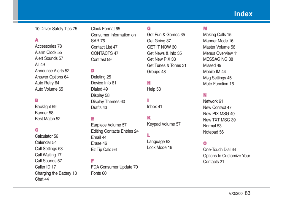 Index | LG VX5200 User Manual | Page 84 / 169