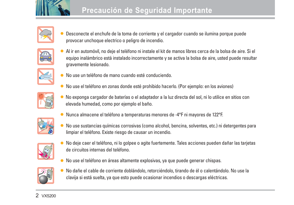 Precaución de seguridad importante | LG VX5200 User Manual | Page 87 / 169