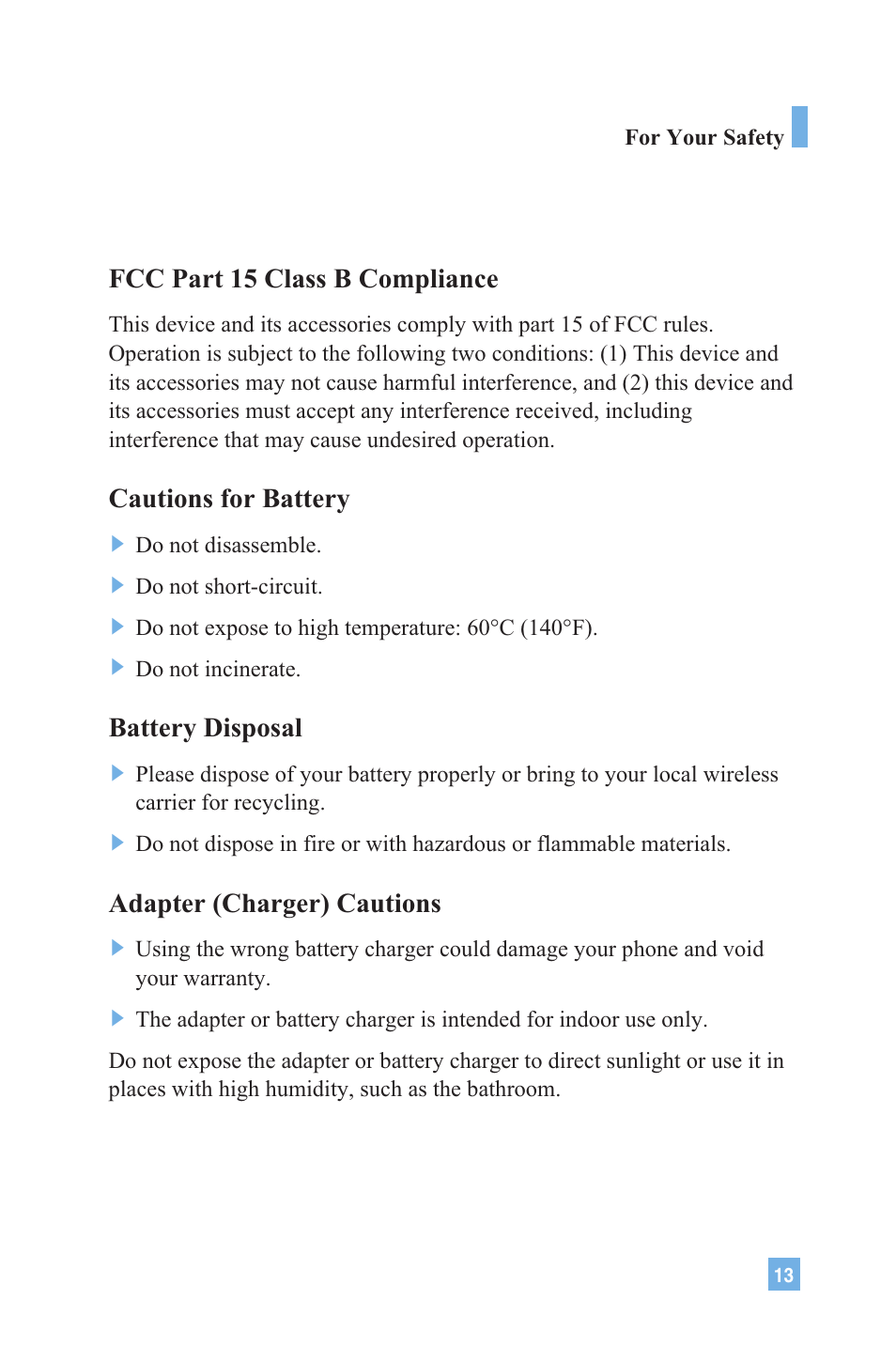 Fcc part 15 class b compliance, Cautions for battery, Battery disposal | Adapter (charger) cautions | LG G4020 User Manual | Page 16 / 128