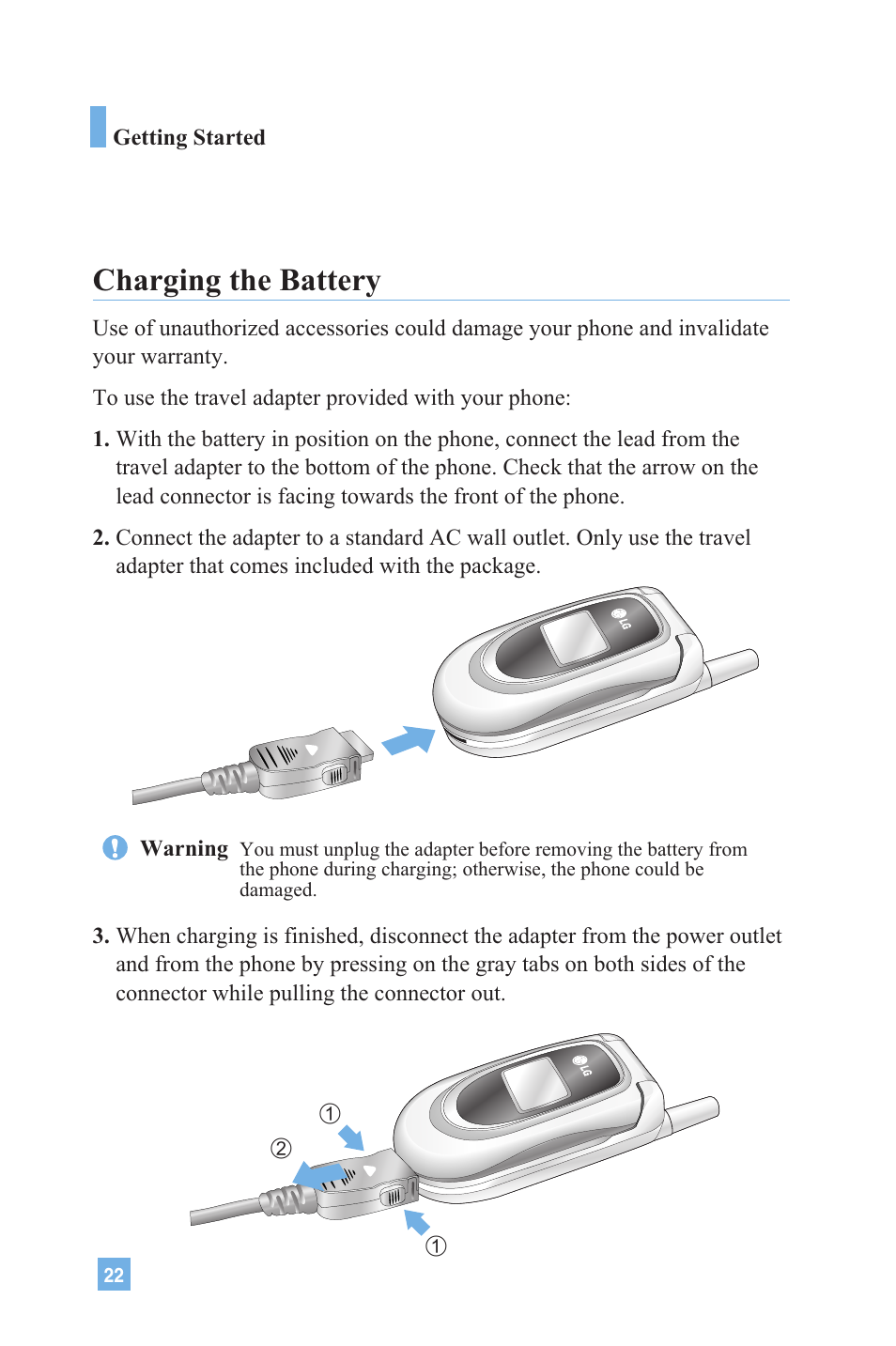 Charging the battery | LG G4020 User Manual | Page 25 / 128
