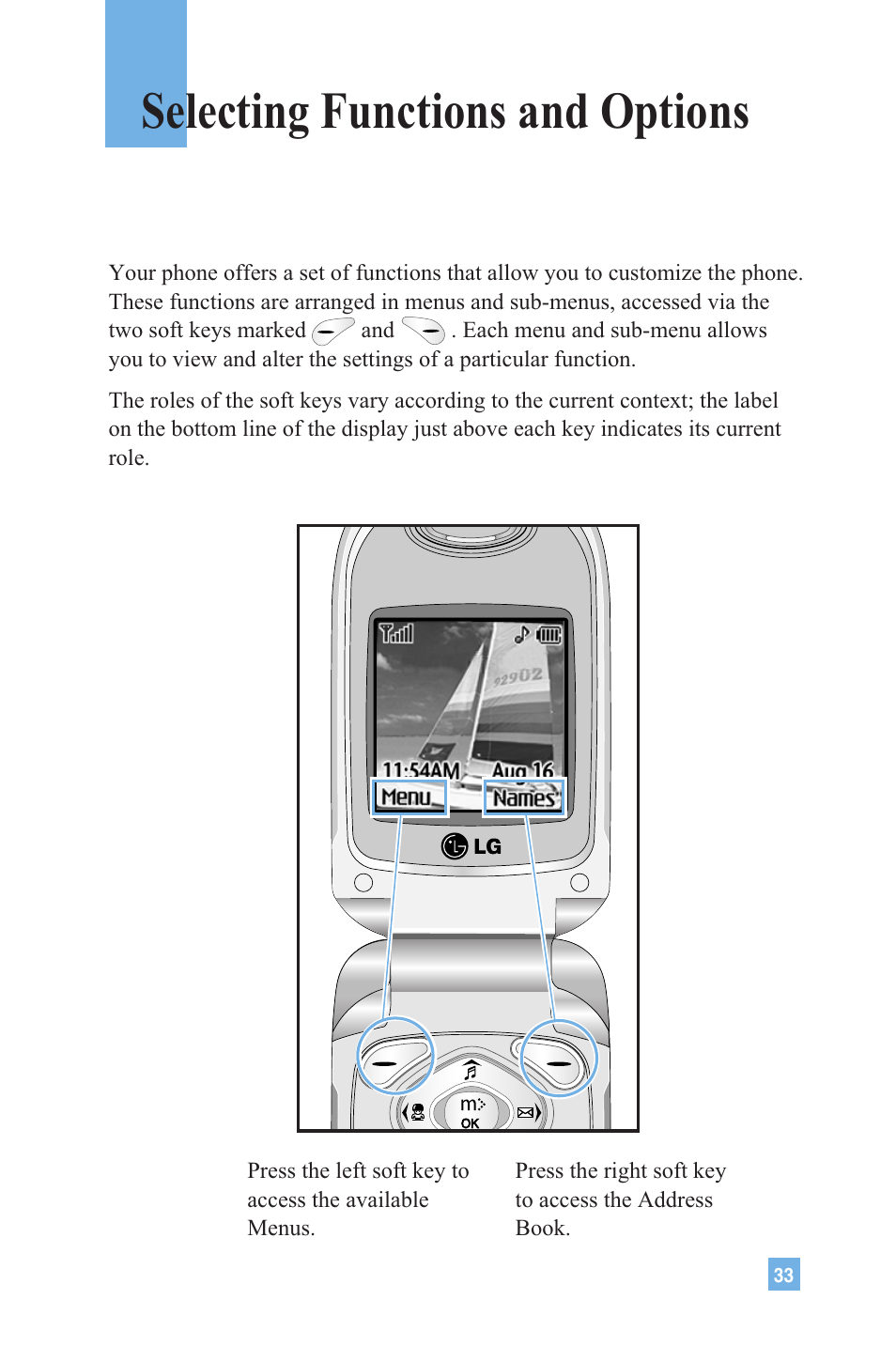 Selecting functions and options | LG G4020 User Manual | Page 36 / 128