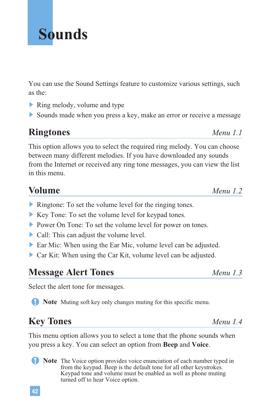Sounds, Ringtones, Volume | Message alert tones, Key tones | LG G4020 User Manual | Page 45 / 128