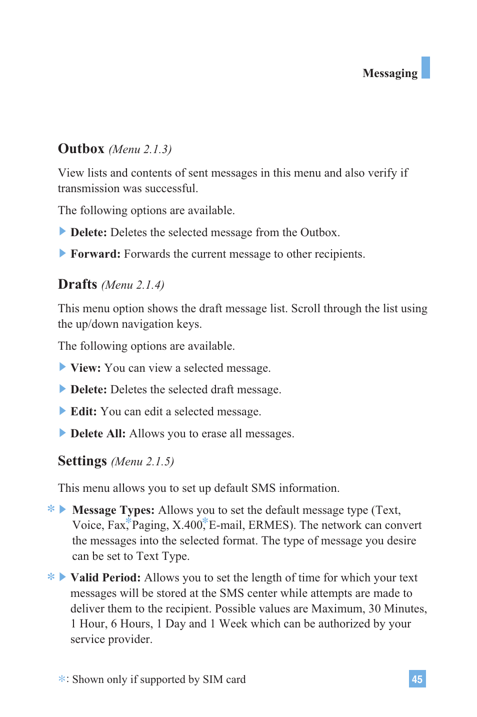Outbox, Drafts, Settings | LG G4020 User Manual | Page 48 / 128