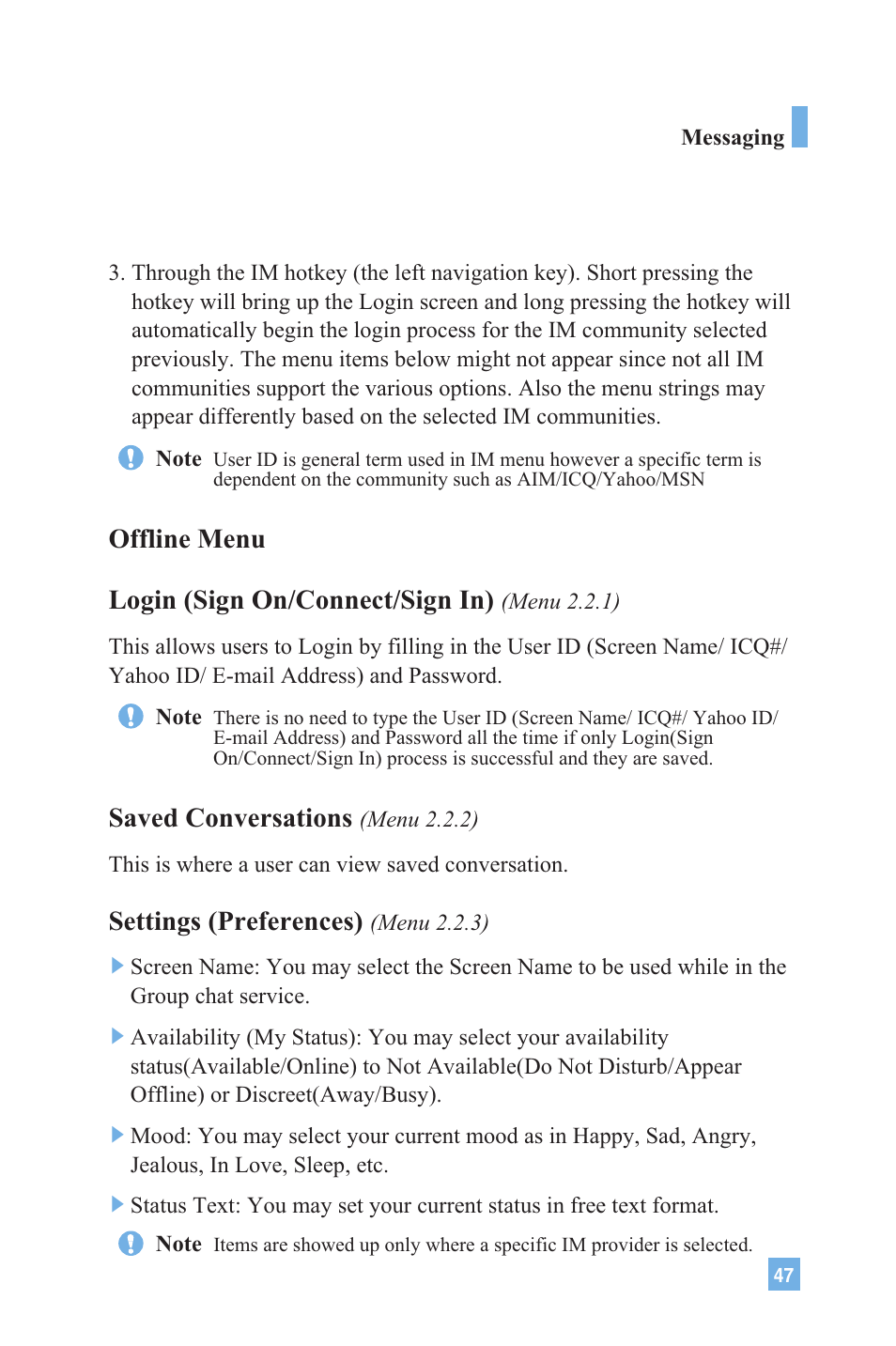 Offline menu login (sign on/connect/sign in), Saved conversations, Settings (preferences) | LG G4020 User Manual | Page 50 / 128