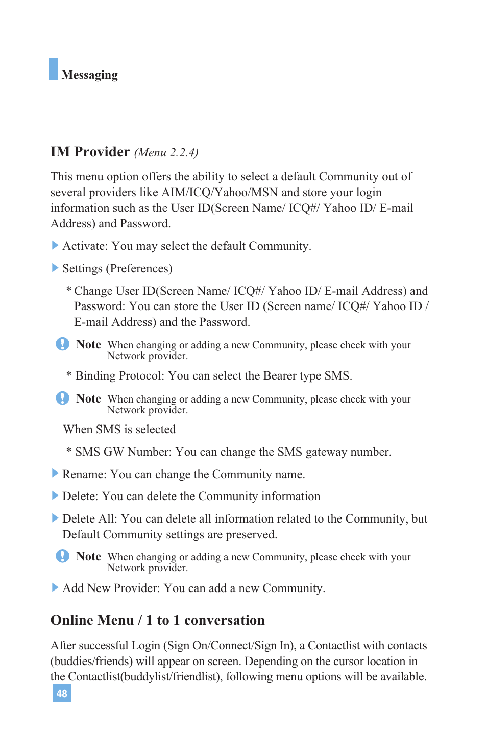 Im provider, Online menu / 1 to 1 conversation | LG G4020 User Manual | Page 51 / 128