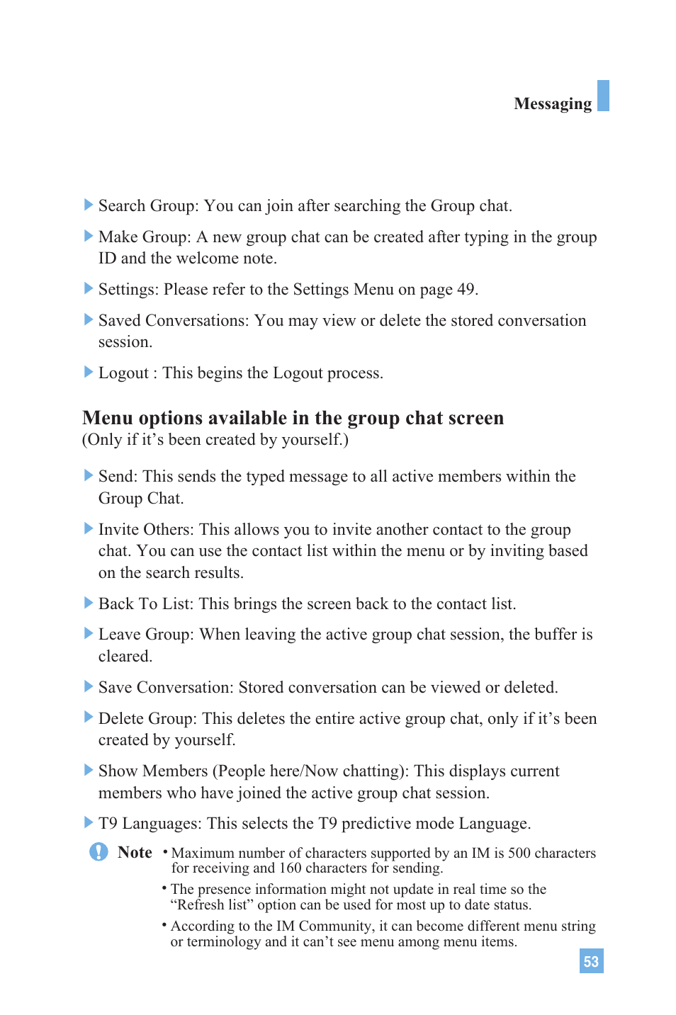 Menu options available in the group chat screen | LG G4020 User Manual | Page 56 / 128