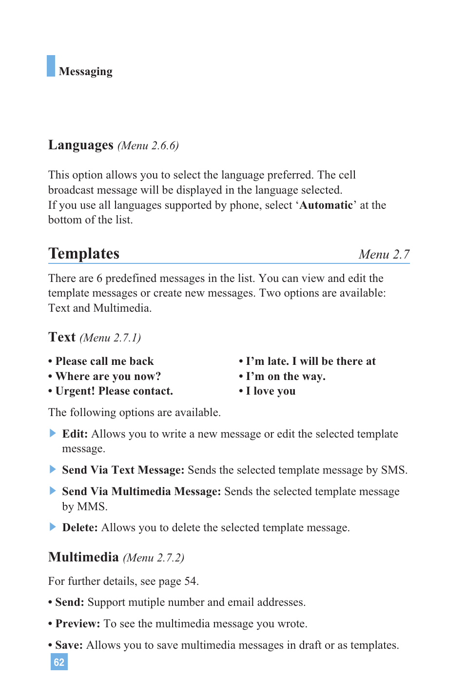 Templates, Languages, Text | Multimedia | LG G4020 User Manual | Page 65 / 128