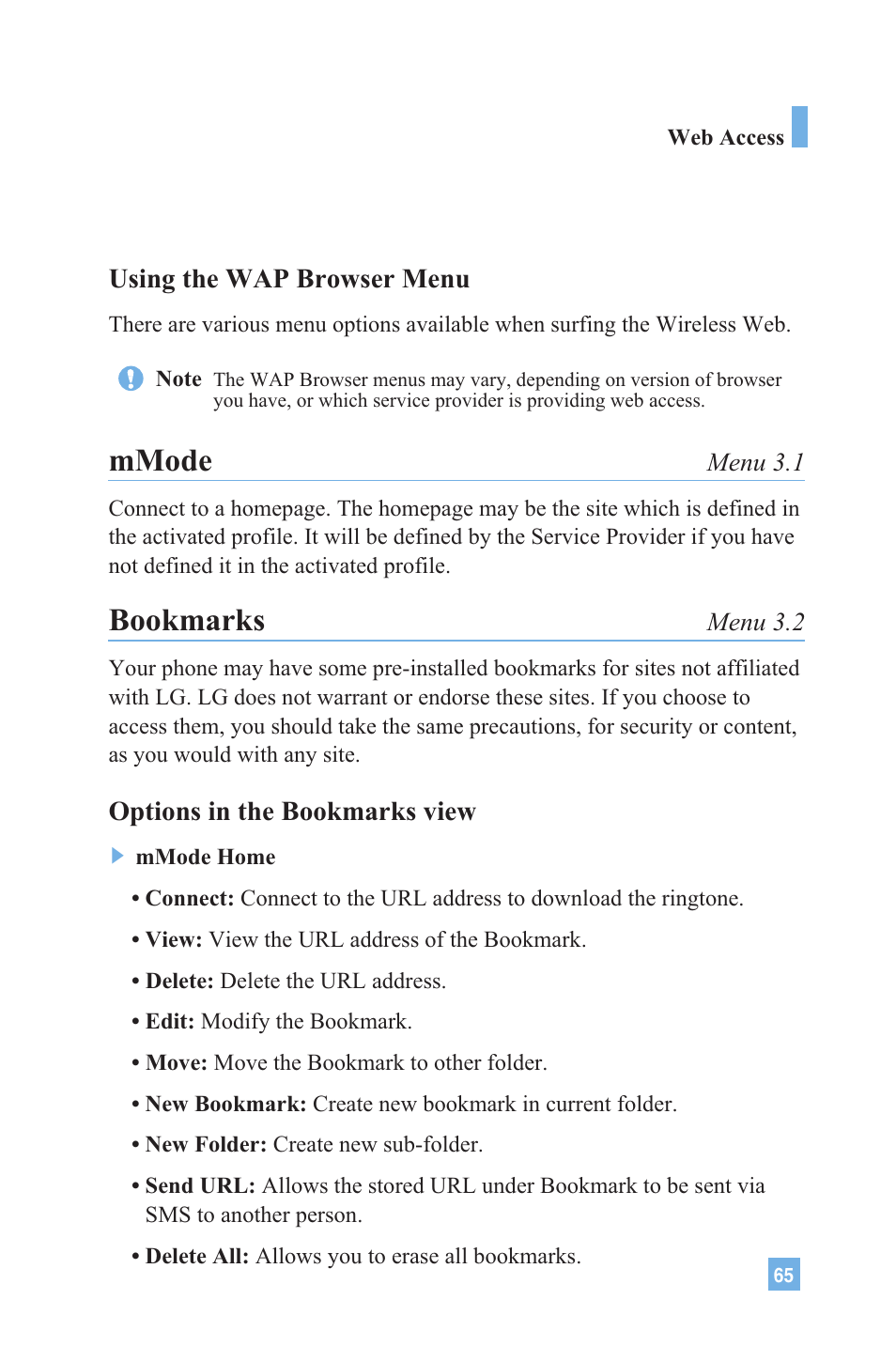 Mmode, Bookmarks | LG G4020 User Manual | Page 68 / 128