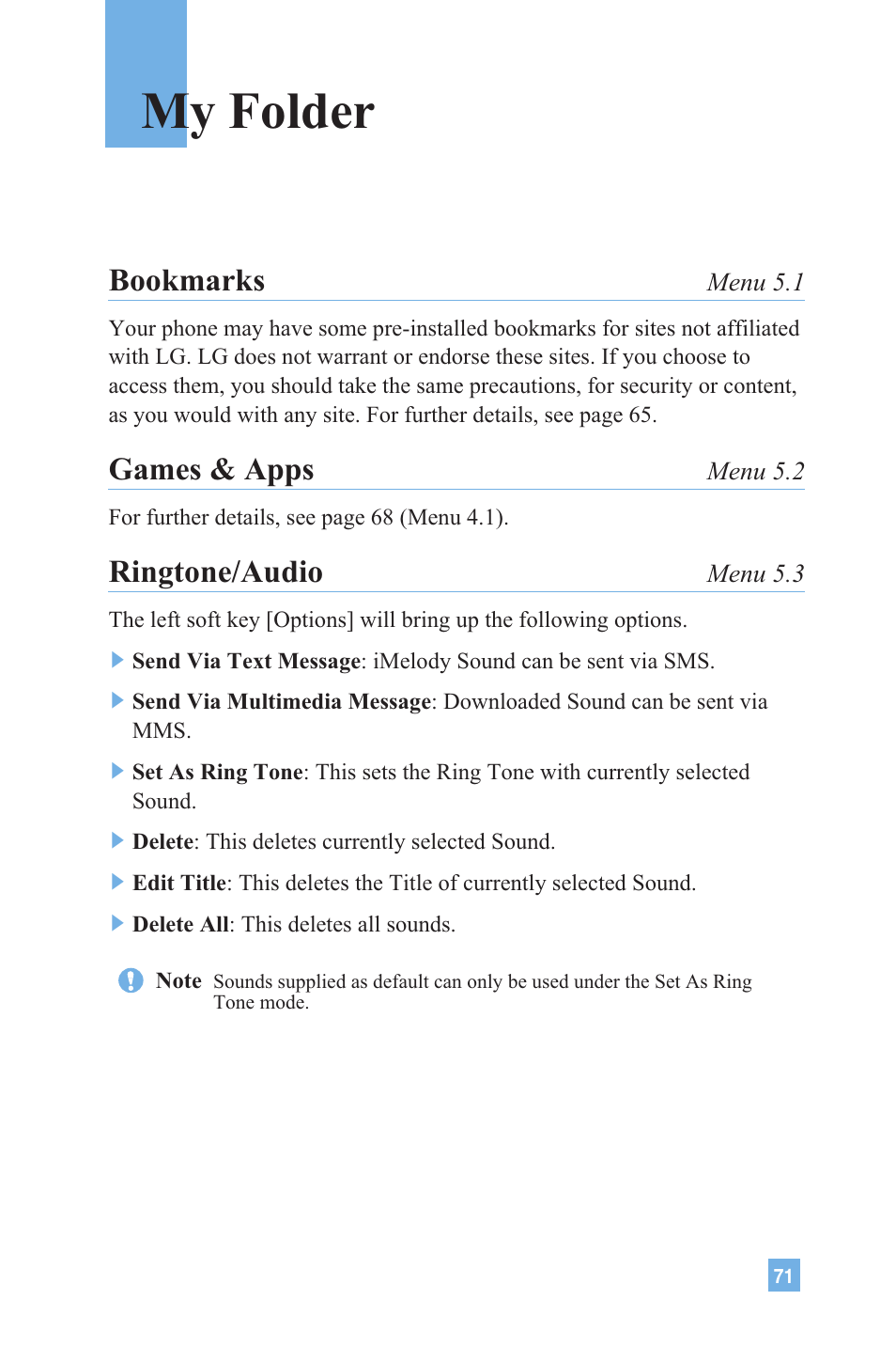 My folder, Bookmarks, Games & apps | Ringtone/audio | LG G4020 User Manual | Page 74 / 128