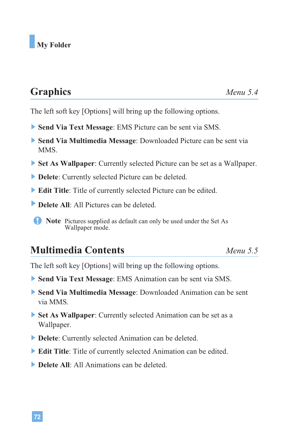 Graphics, Multimedia contents, Menu 5.4 | Menu 5.5 | LG G4020 User Manual | Page 75 / 128